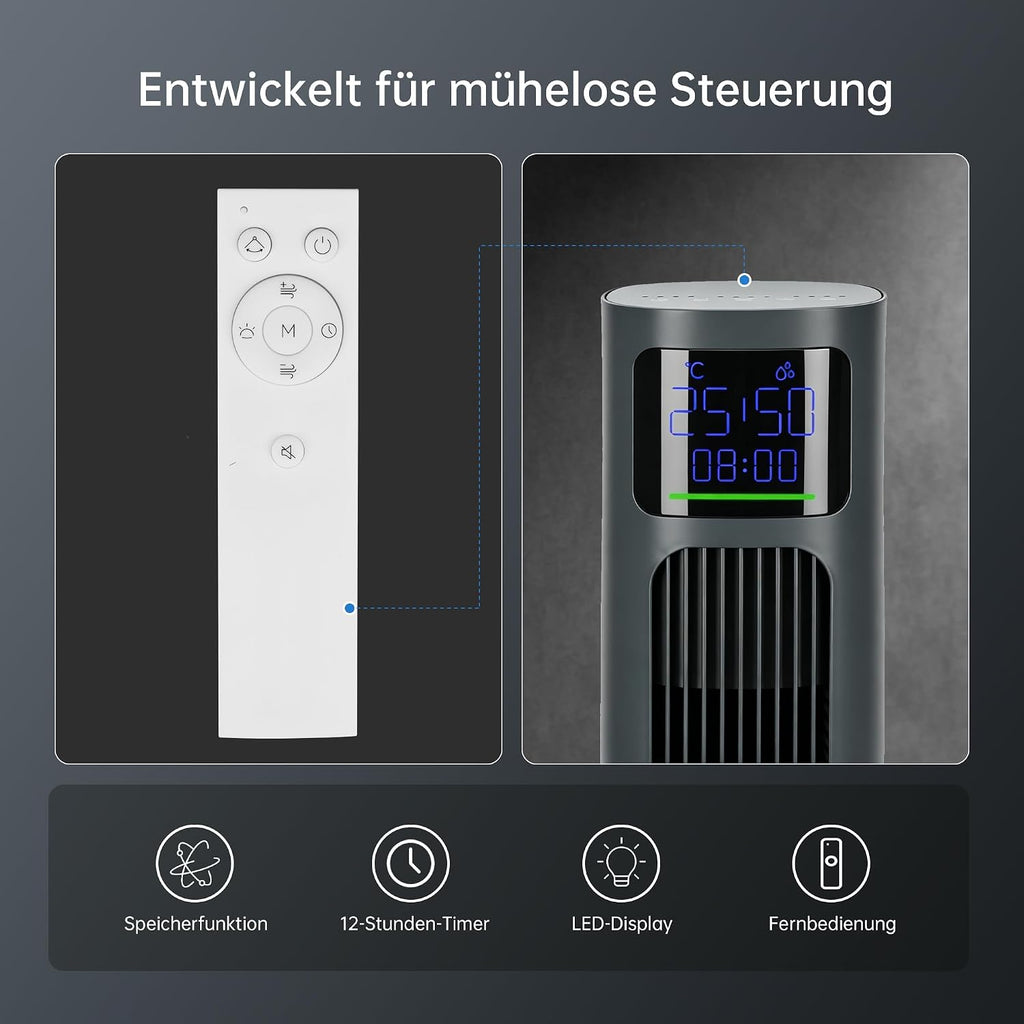 PHILODECO Turmventilator 115 cm Grau, leiser Standventilator mit Fernbedienung leise, 10 m Reichweite, 4 Stufen & 4 Modi, 90° Schwenk, 12h Timer, energiesparend