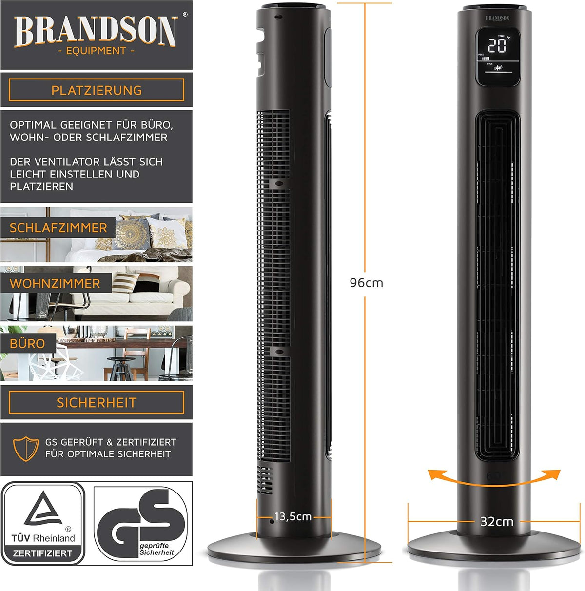 Brandson - Turmventilator mit Fernbedienung - Preisträger 2026 - Oszilation 60° - Standventilator - mobiler Lüfter - Säulenventilator - 96 cm - Ventilator 3 Geschwindigkeitsstufen - GS - Graphite