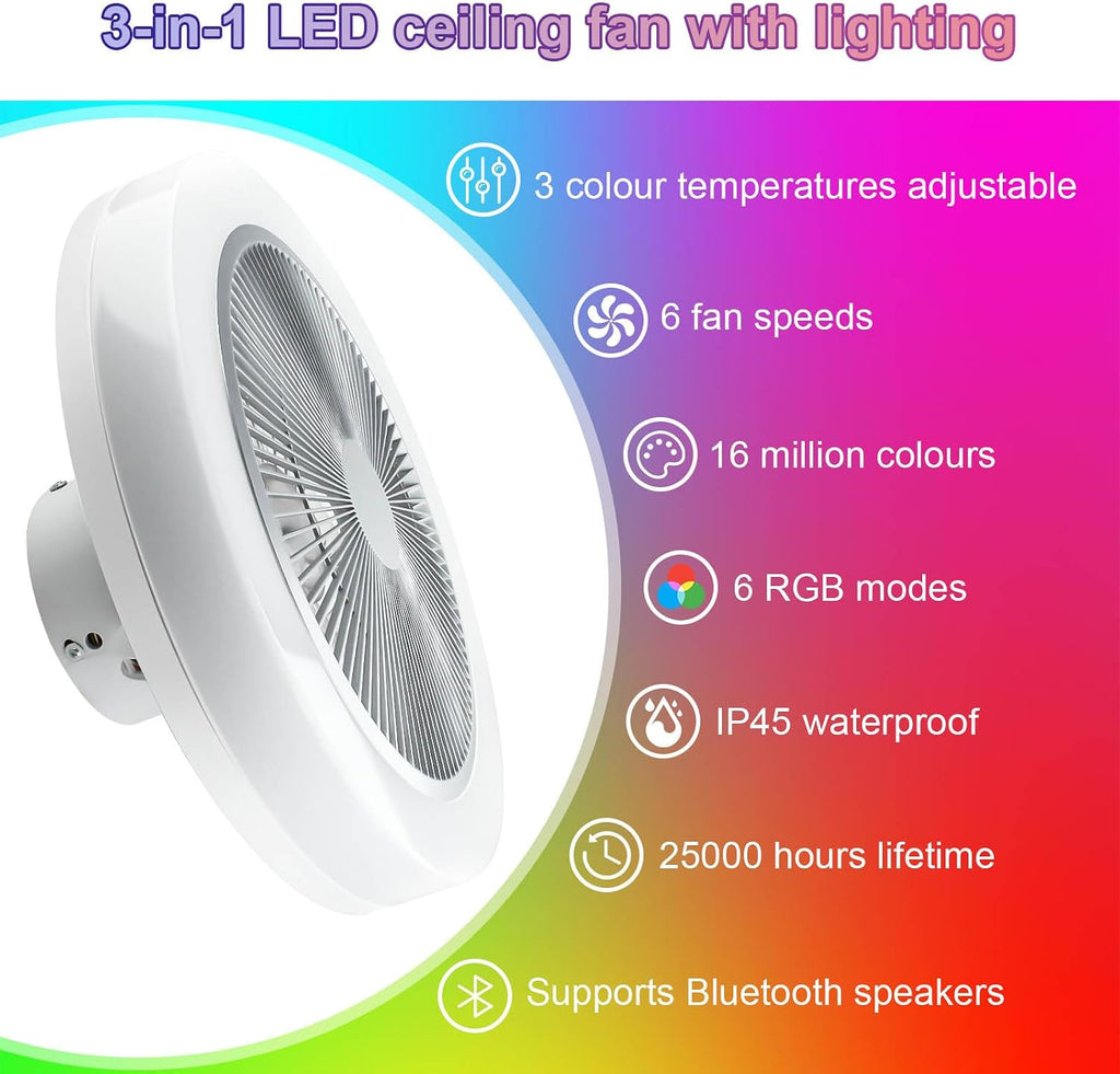 RGB Deckenlampe Mit Ventilator, Dimmbare LED Lichter, Leiser Moderner Fan Mit Beleuchtung, Fernbedienung und APP-Steuerung