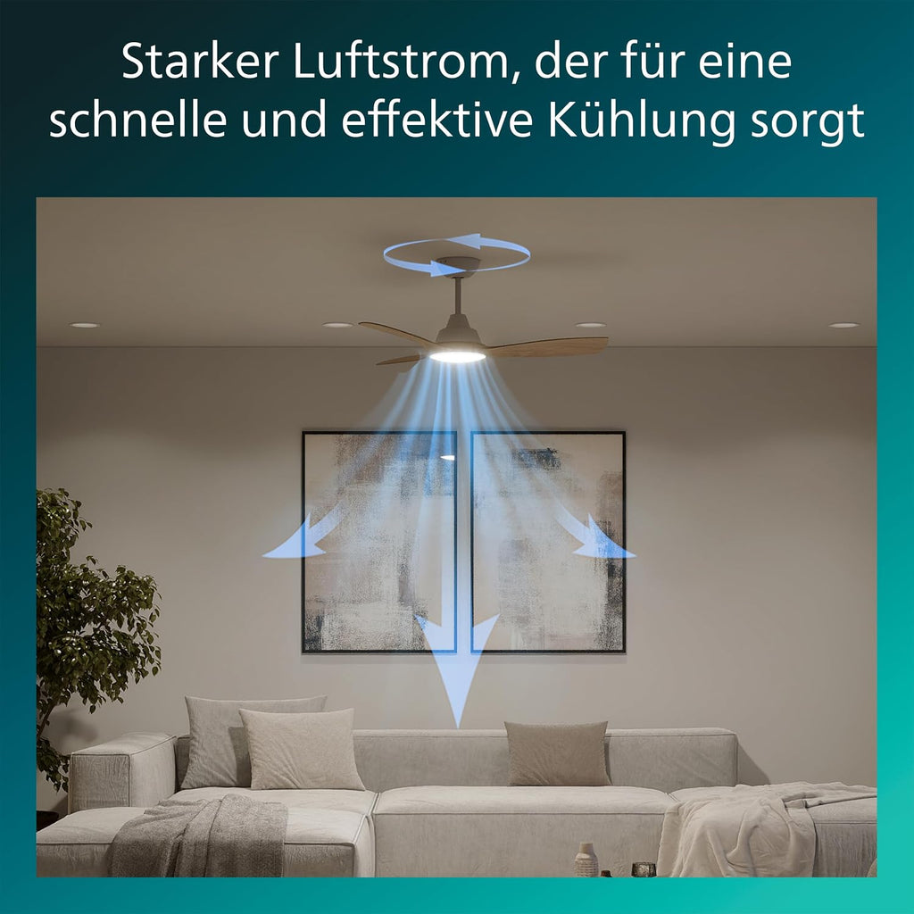 PHILIPS Olas Deckenventilator mit LED-Leuchte, 3 Flügel, 106 cm Durchmesser, 2650 Lumen, einstellbares weißes Licht von 3000 K bis 6500 K, dimmbar auf 5%, inklusive Fernbedienung, weiß/Holz, modern