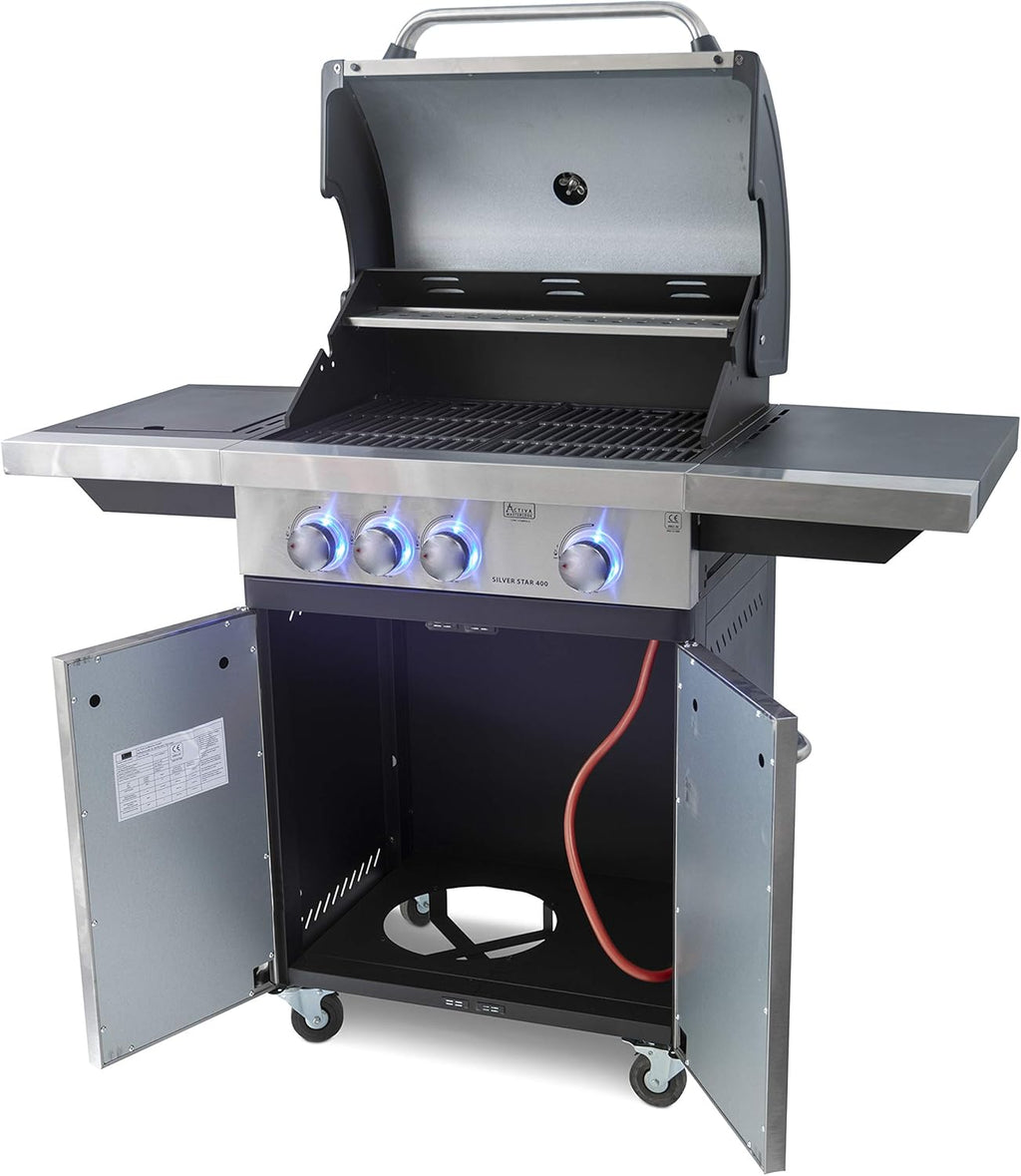 ACTIVA 3 Brenner Gasgrill "Silver Star 400" Grillwagen mit 800 Grad Infrarot Seitenbrenner, Gussrost, Deckelthermometer und zusätzlicher Ablage