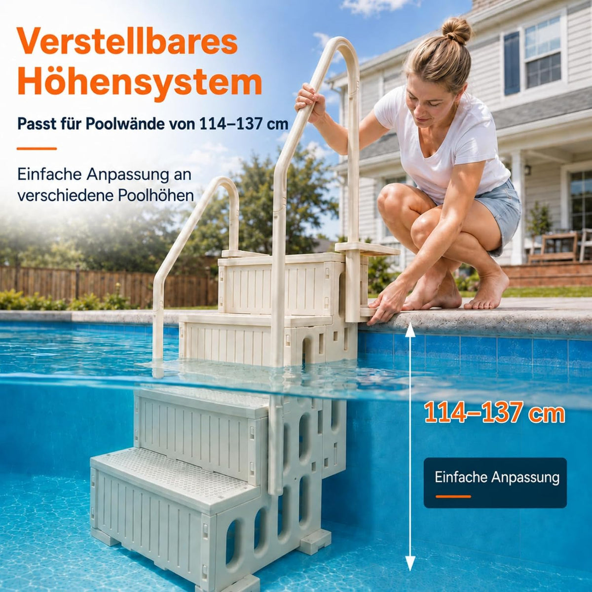 Poolleiter 4-stufig, Weiße HDPE Pooltreppe mit Doppelhandlauf und rutschfest, Maximale 180 kg Tragkraft für Aufstellpool 122–137 cm, Gartenpool, Eingelassene Pools, Familien & Senioren