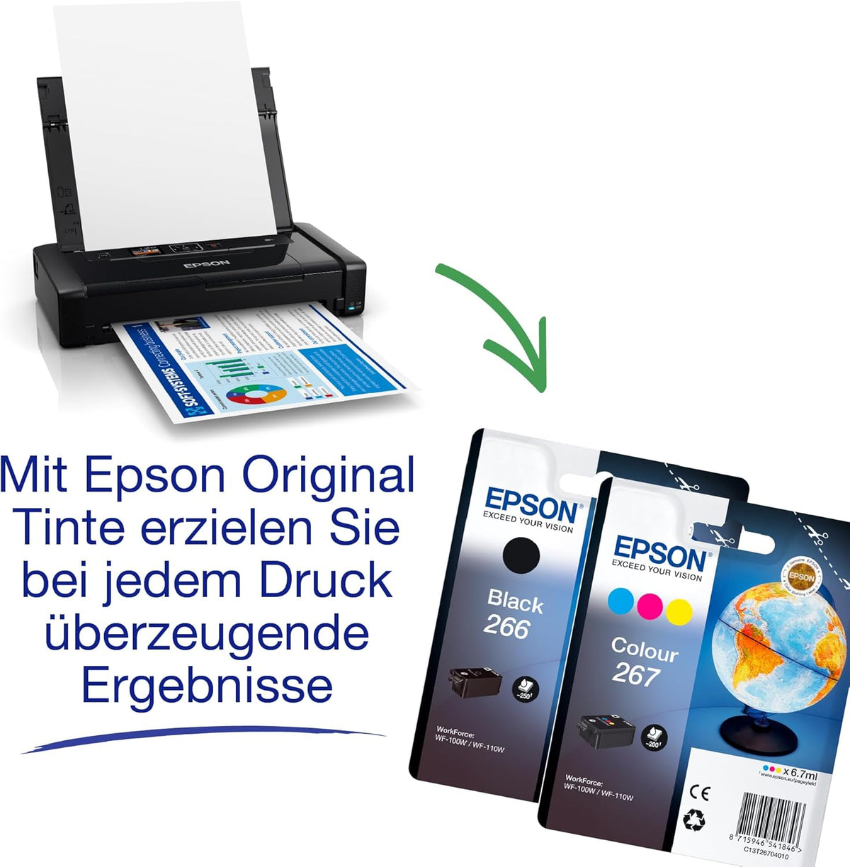 WorkForce WF-110W tragbarer Tintenstrahldrucker (DIN A4, WiFi Direct, Drucker, mobiles Drucken, USB, integrierter Akku, nur 1,6 kg Gewicht) schwarz