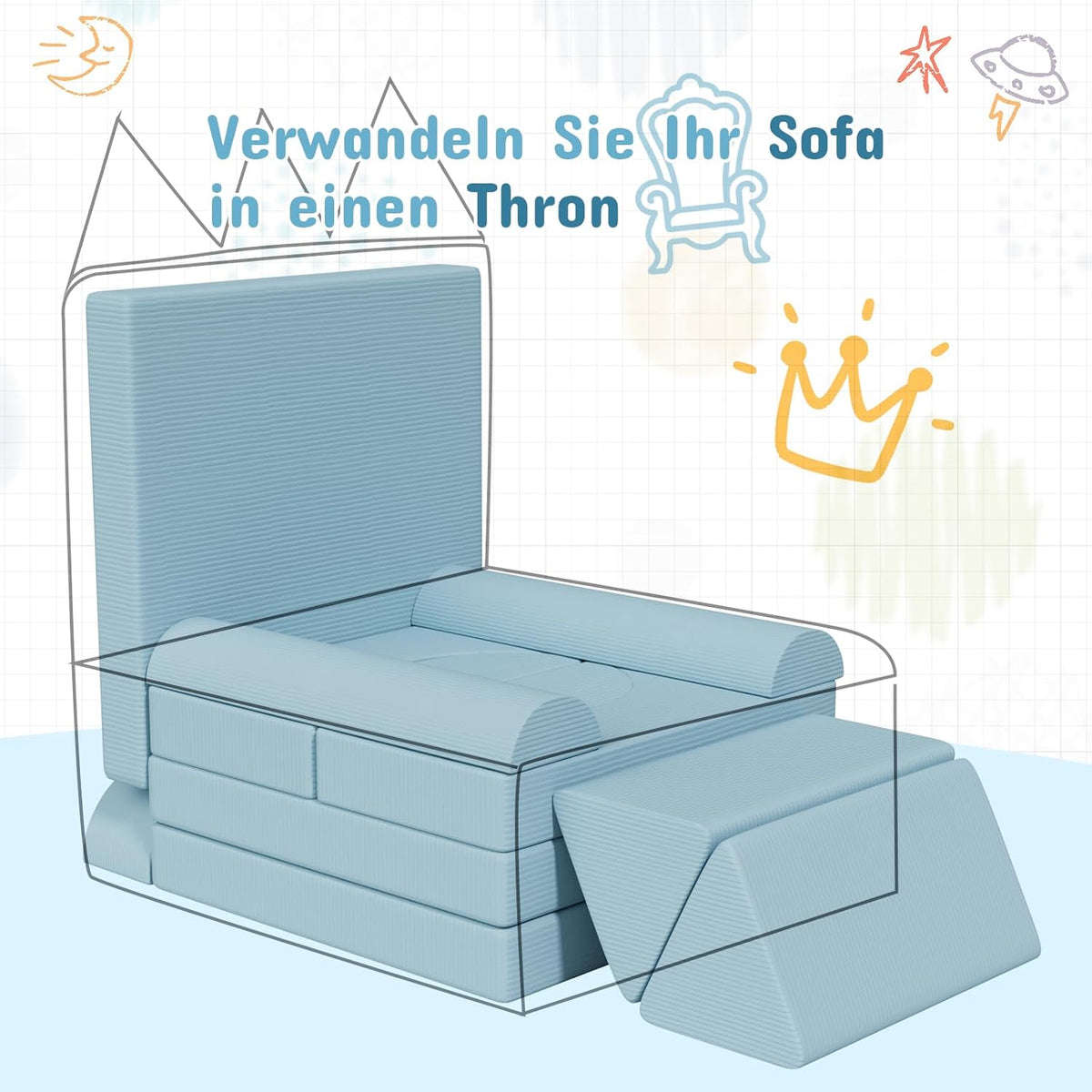 MAMIZO Spielsofa Cord, Kindersofa-Bausteine, 15-Teiliges Modulare Kinderspielcouch, Spielsofa für Kinder, Kindercouch Aufklappen Oeko-TEX, kreatives Spielen für Kuschelecke im Kinderzimmer (Blau)