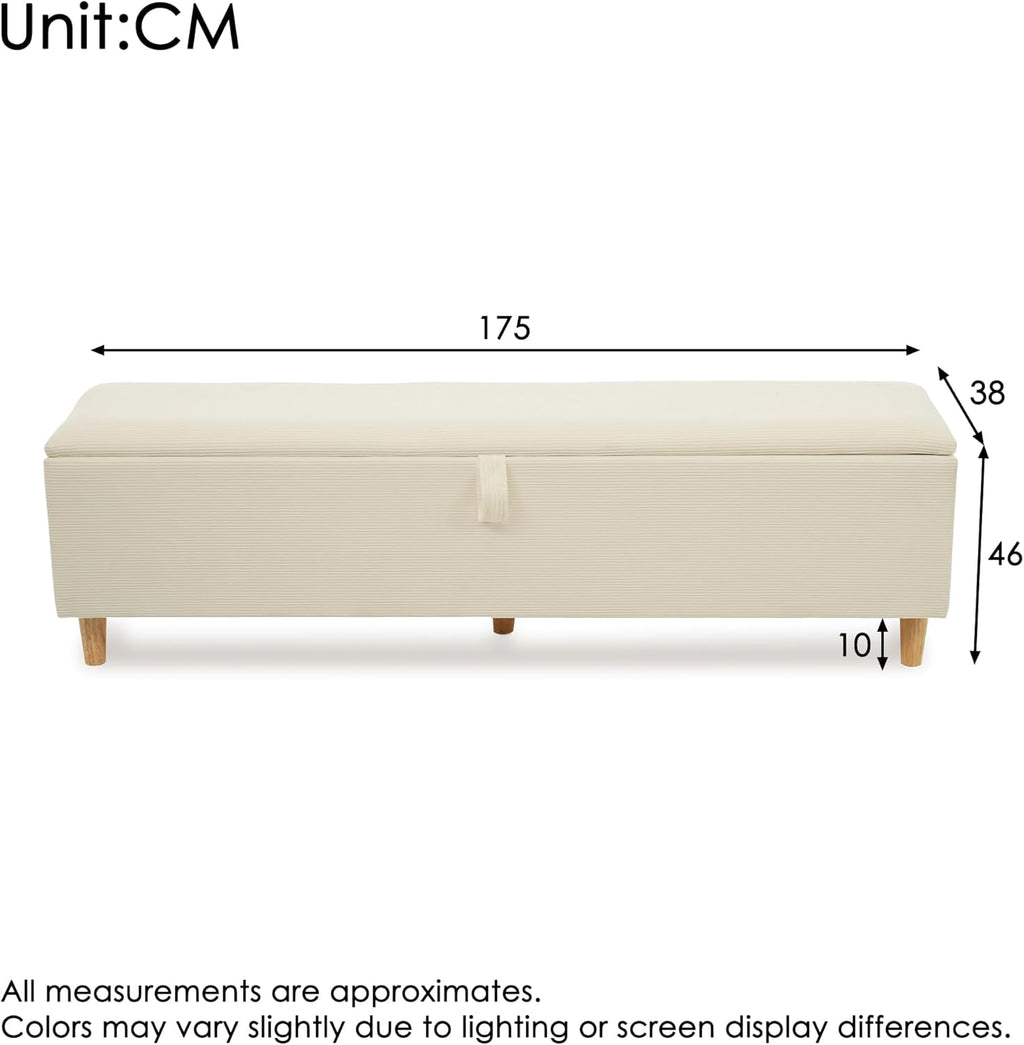 Polsterbank mit Hydraulischem Stauraum, 175 x 38 x 46 cm Aufbewahrungsbox, Bettbank Sitzbank für Flur, Wohnzimmer, Schlafzimmer, Cordstoff, Beige