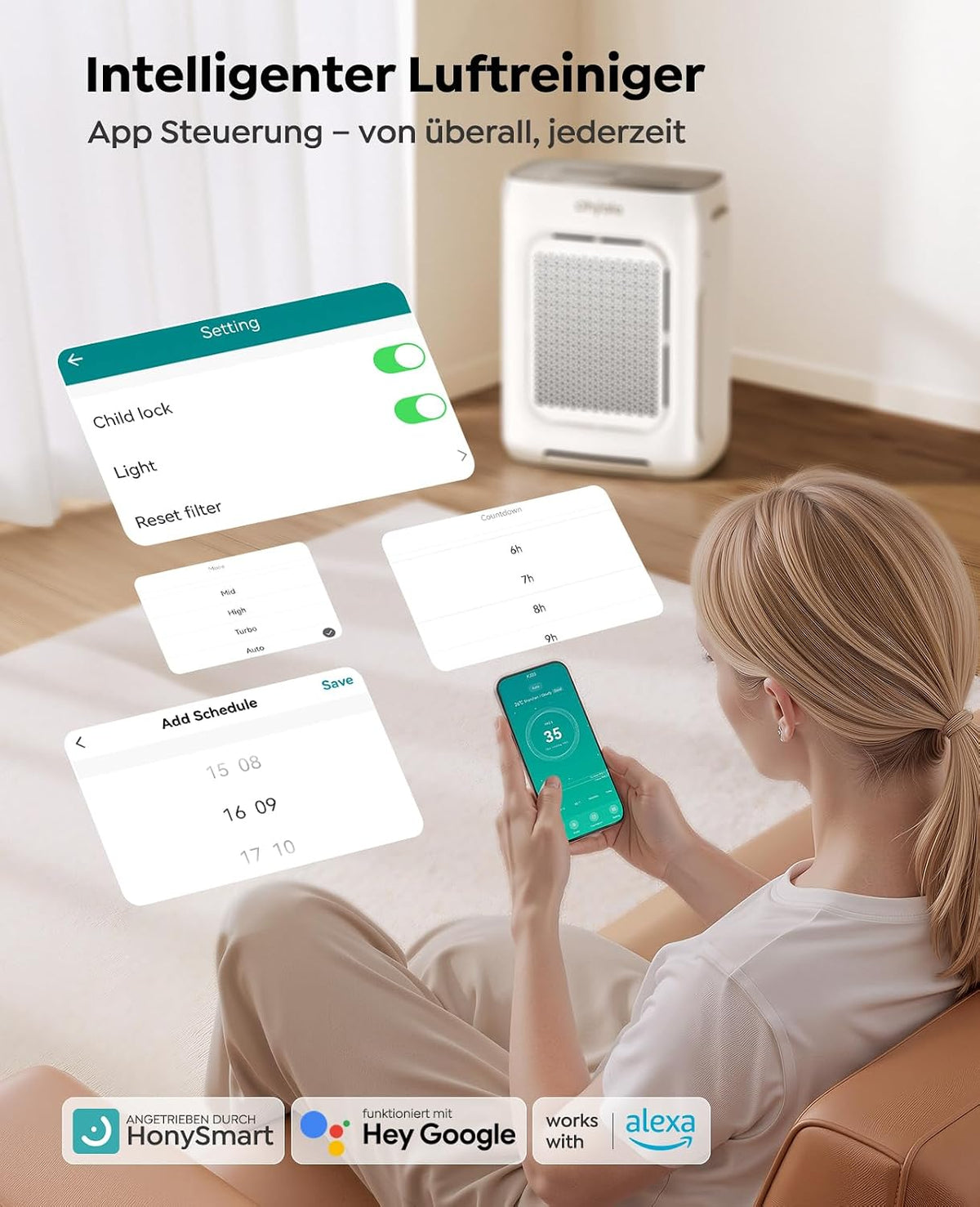Luftreiniger Allergiker Air Purifier HEPA Luftfilter mit waschbarem Doppelfilter, CADR 450m³/h, Smart WiFi, 20dB Schlafmodus, AQI Anzeige, Aroma, Timer, gegen Staub Pollen, Haustiere & Raucher