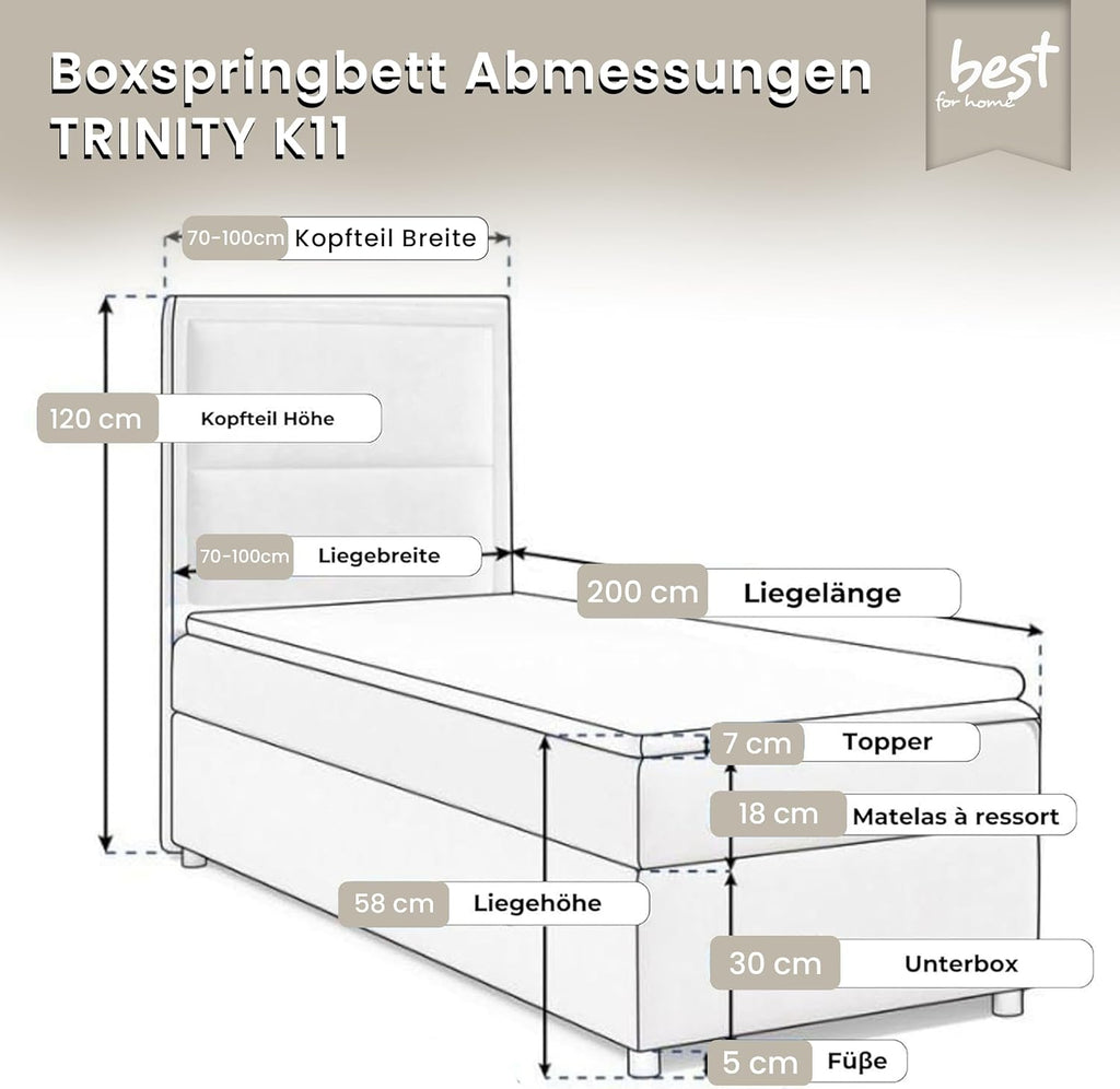 Boxspringbett Trinity k-11 mit 7-Zonen Bonell-Federkernmatratze | Boxspringbett 100x200 | Boxsprintbett mit Matratze Und Stauraum | Polsterbett 100x200 - Lieferung bis Bordsteinkante