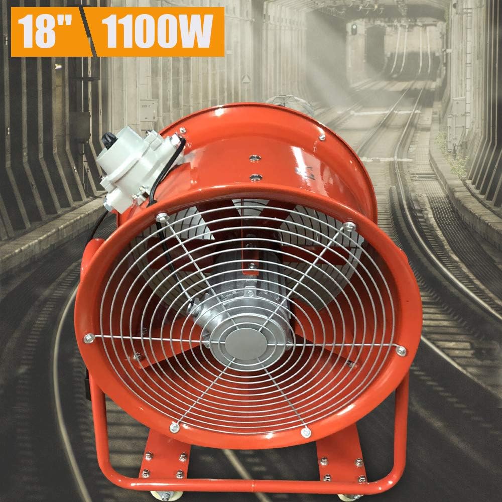 Bauventilator, EX-Explosionsgeschützter Axiallüfter 1100W 450mm, Industrieventilator mit 150m³/min für Werkstatt-Absaugung und Baustelle, Stahlbauweise mit 4 Rädern und Schutzkorb