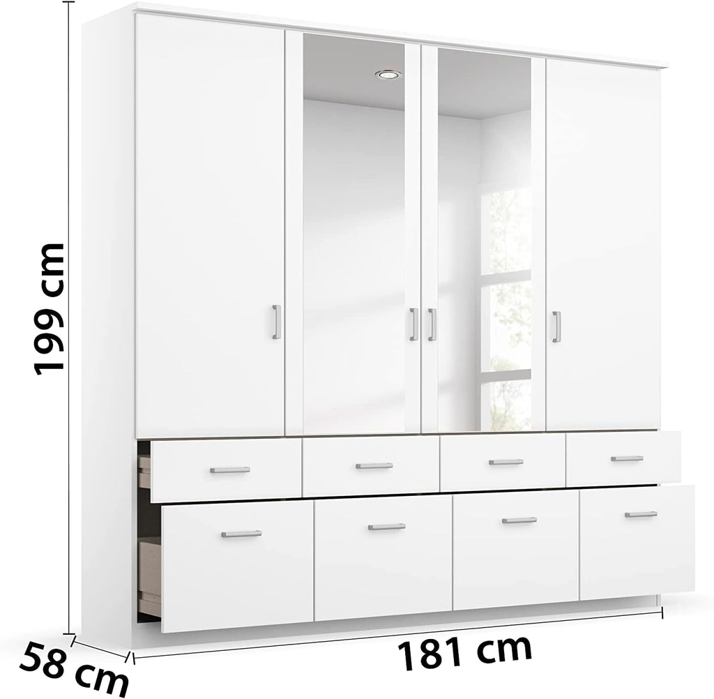 Rauch Möbel Bremen Schrank Drehtürenschrank Kleiderschrank in Weiß mit 2 Spiegeln und 8 Schubladen 4-türig, inklusive Zubehörpaket Basic 1 Kleiderstange, 4 Einlegeböden BxHxT 181x199x58 cm