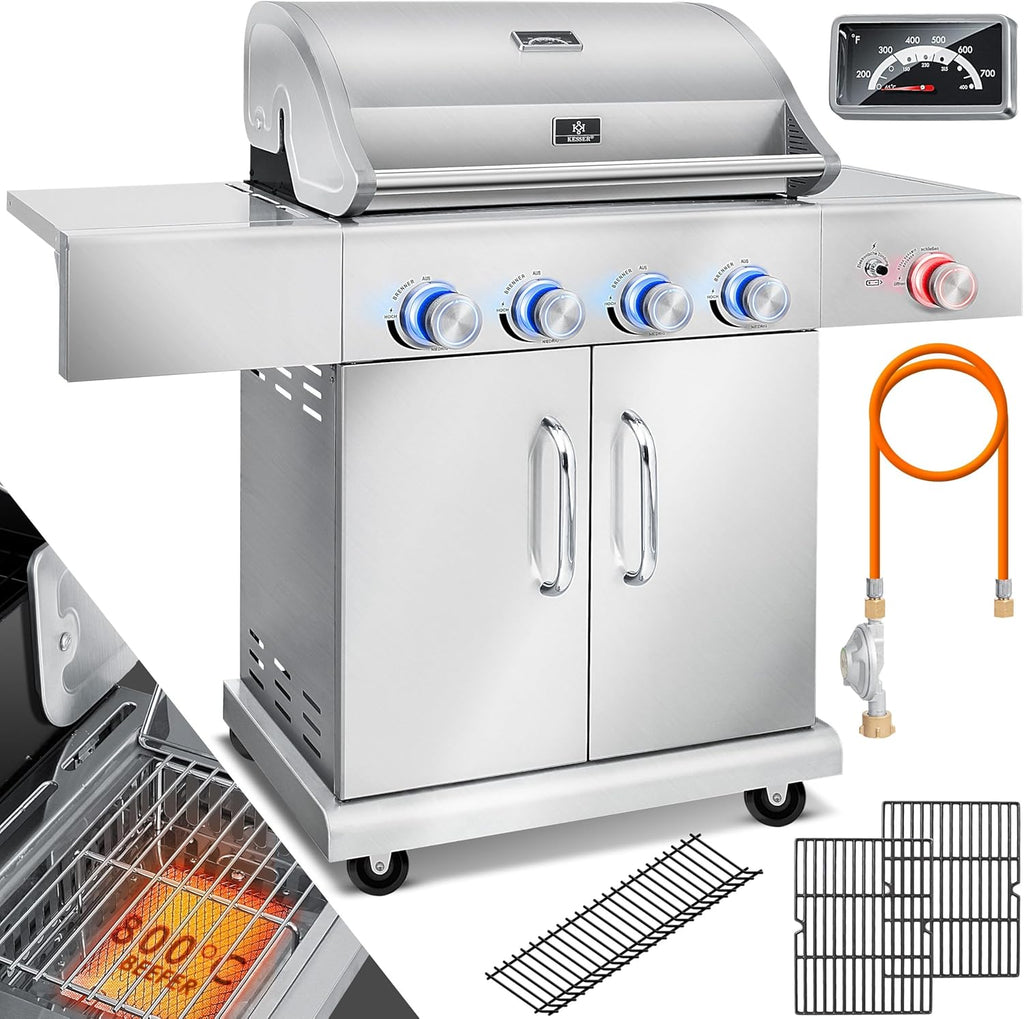 KESSER® Gasgrill mit 4 Brenner + 1x Infrarot Keramik Seitenbrenner & Piezo-Zündung | bis 800°C BBQ Grillwagen aus Edelstahl inkl. Grillrost (66cm) aus Gusseisen, Grillthermometer & Gas-Schlauch