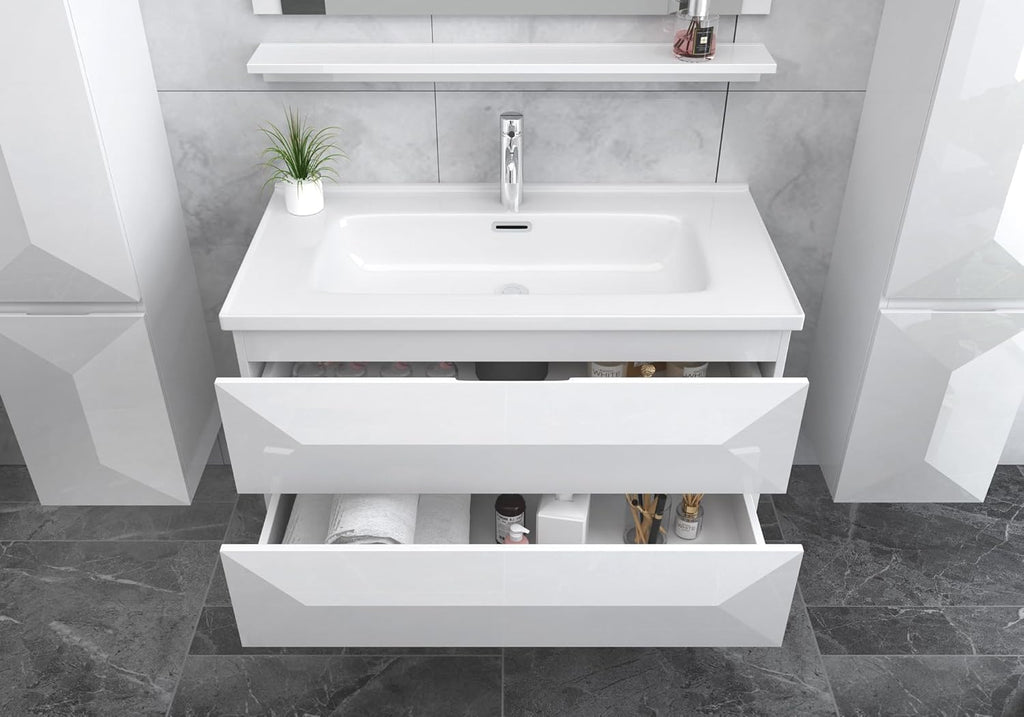 Faizee Möbel Miran Hochglanz Badmöbel Set mit Spiegel & Keramik-Waschbecken – Modernes 6-teiliges Badezimmer Set mit Soft-Close Unterschrank & 2 Seitenschränken (Miran Weiß, 60 cm (Unterschrank))