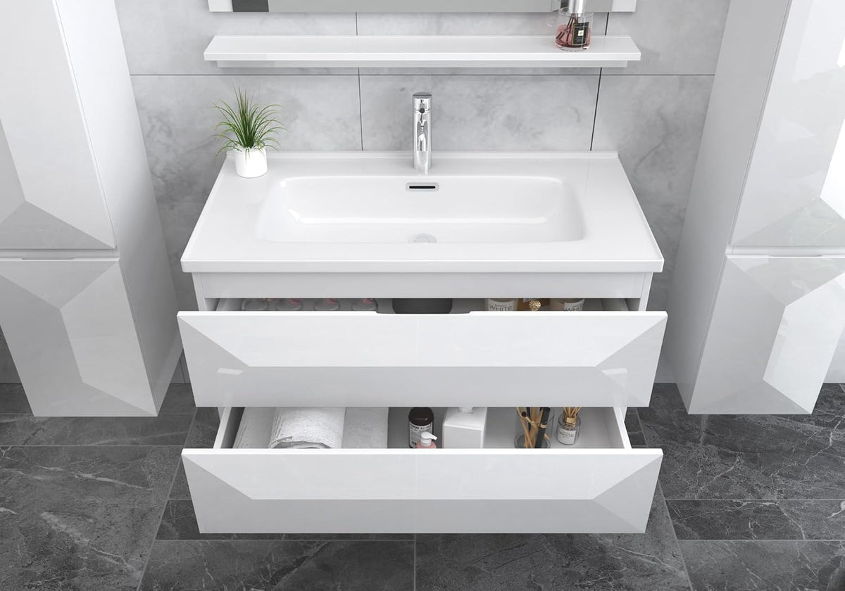 Faizee Möbel Miran Hochglanz Badmöbel Set mit Spiegel & Keramik-Waschbecken – Modernes 6-teiliges Badezimmer Set mit Soft-Close Unterschrank & 2 Seitenschränken (Miran Weiß, 60 cm (Unterschrank))