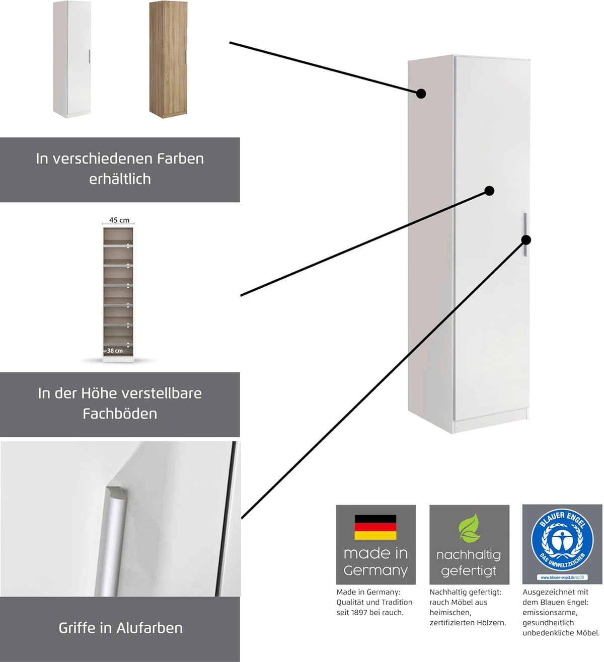 Rauch Möbel MINOSA, Garderobenschrank für Flur, Eingangsbereich, Schlafzimmer, Kleidung 1-türig, mit 1 Kleiderstange und 1 Einlegeboden, Farbe Weiß, Breite 47 cm