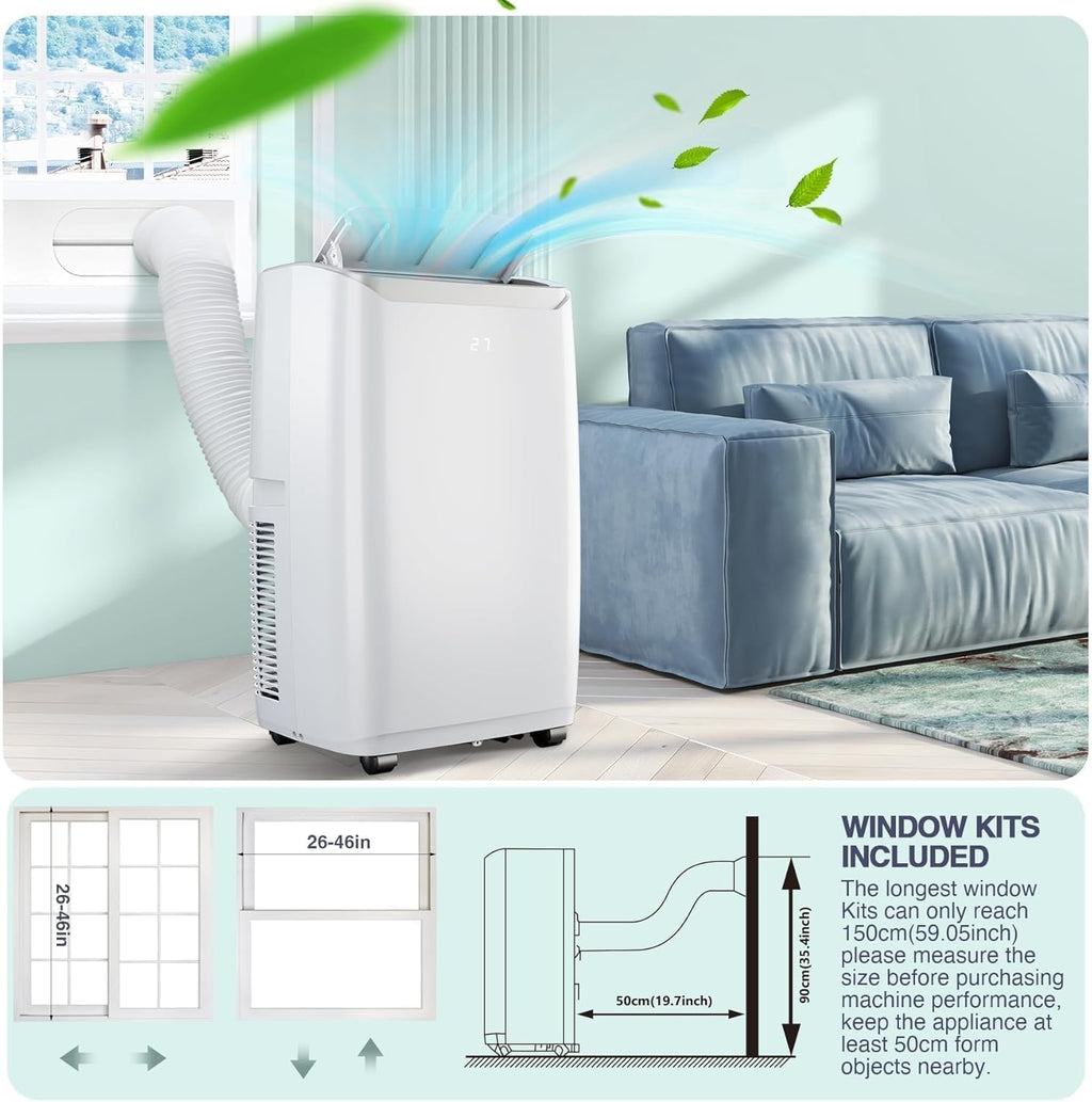 Tragbare Klimaanlagen, 12000 BTU Tragbarer AC für Räume bis zu 550 Sq.Ft, 3-in-1 AC mit schneller Kühlung, Luftentfeuchter & Drei-Geschwindigkeits-Lüfter, 24H Timer/Fernbedienung/Ultra Leise für