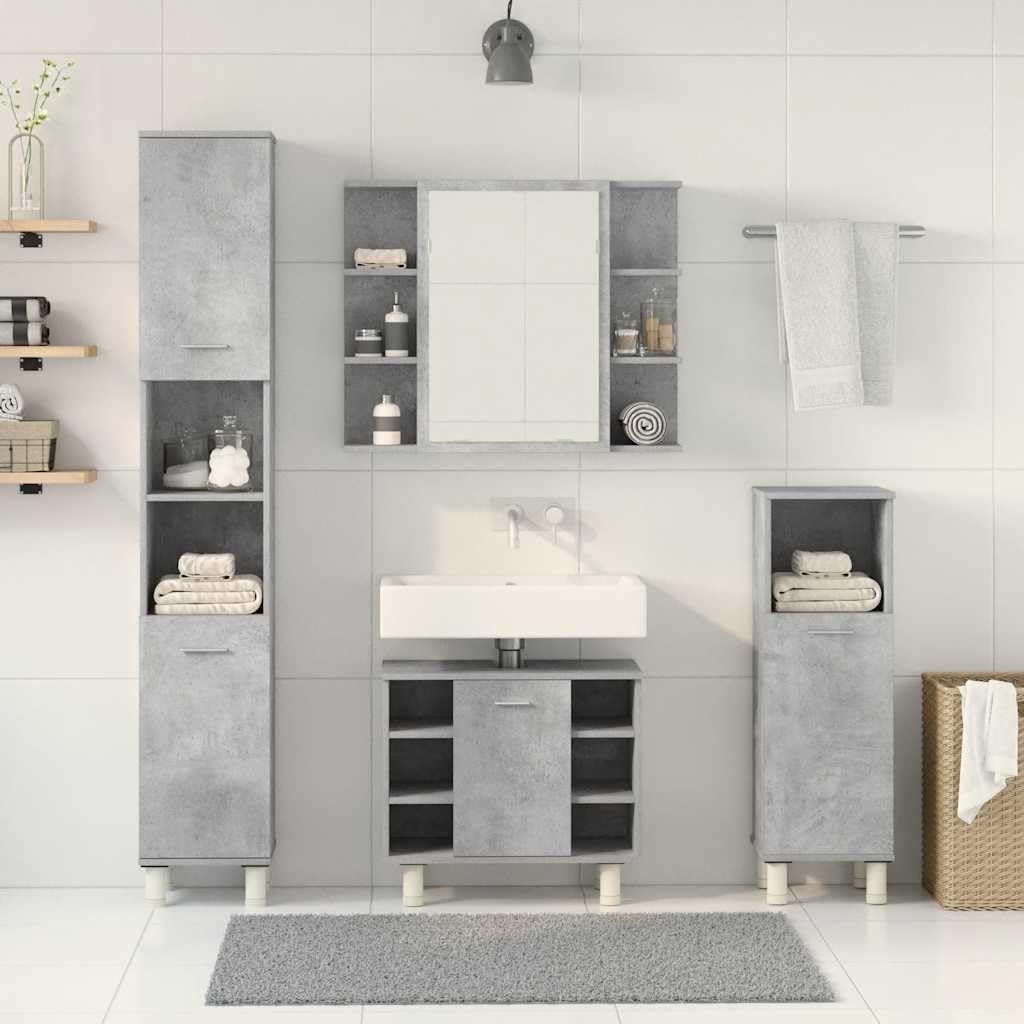 4-TLG. Badmöbel-Set Betongrau Holzwerkstoff,Badmöbelset, Badezimmerschrank, Unterschrank Bad, Badmöbel, Unterschrank Badezimme