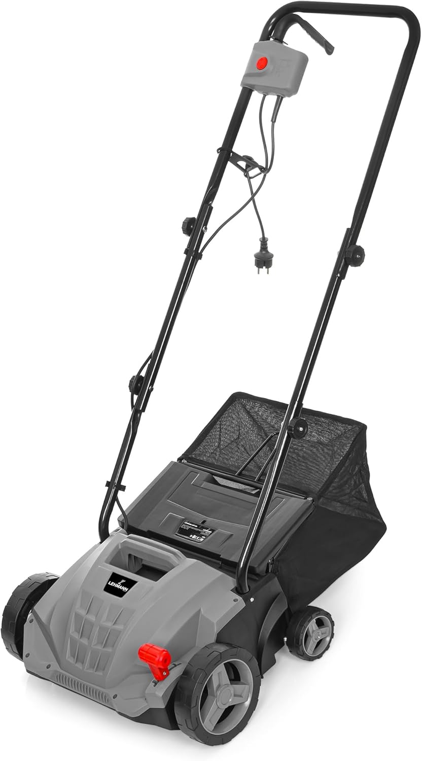 LEHMANN Elektro-Vertikutierer & Rasenlüfter 2-in-1, 1500 W, Arbeitsbreite 32 cm, 4-stufige Arbeitstiefeneinstellung, Rasenvertikutierer mit 30 L Fangkorb, kugelgelagerte Messer- & Lüfterwalze, Grau
