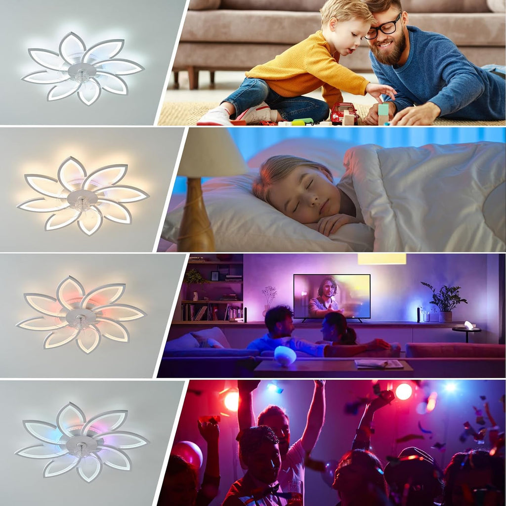 87CM Weißer Blumen-Deckenventilator Mit Licht, Dimmbar RGB Farbwechselndes Modern Fan Lampe Mit Ventilator Mit Fernbedienung/APP DC Motor 6 Geschwindigkeit Für Schlafzimmer Wohnzimmer