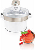 Krups GVS241 Eismaschine Venice Perfect Mix | 1L hausgemachtes Eis, Sorbet, Frozen Jogurth | Ohne Kompressor | Inklusive Rezeptheft und Silikonlöffel | Digitalanzeige und Signalton, Weiß