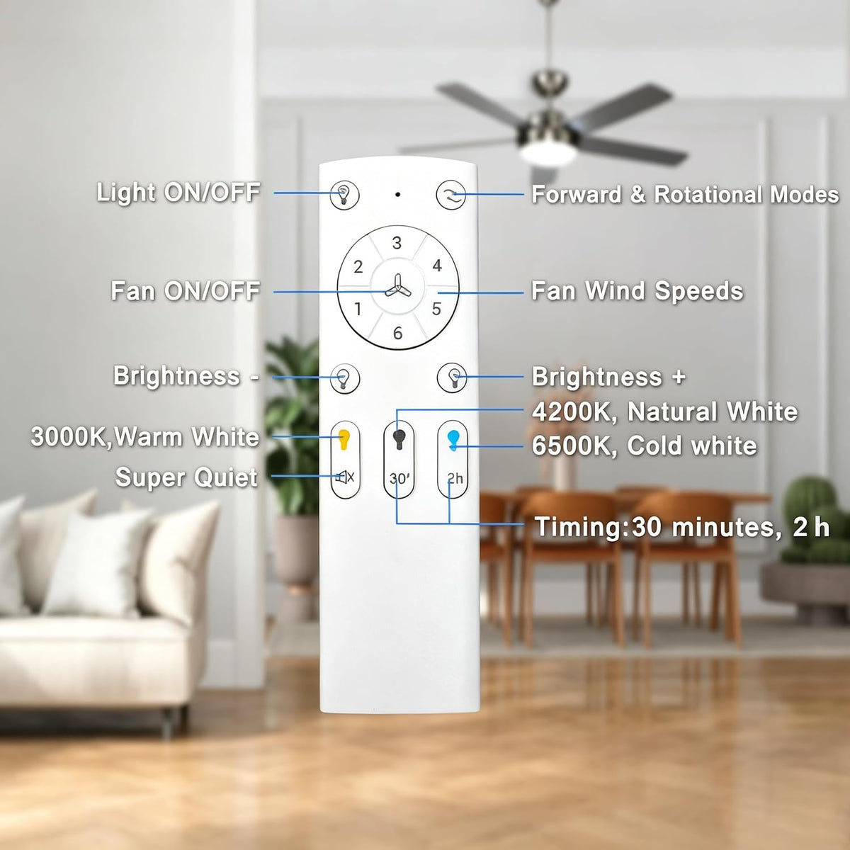 Deckenventilator mit Beleuchtung, Leiser DC-Ventilator 132cm mit Fernbedienung, Dimmbare Lampe 3000K-6500K, 5 Flügel, 6 Geschwindigkeiten, Timer, für Schlafzimmer, Esszimmer, Wohnzimmer, Küche, Büro