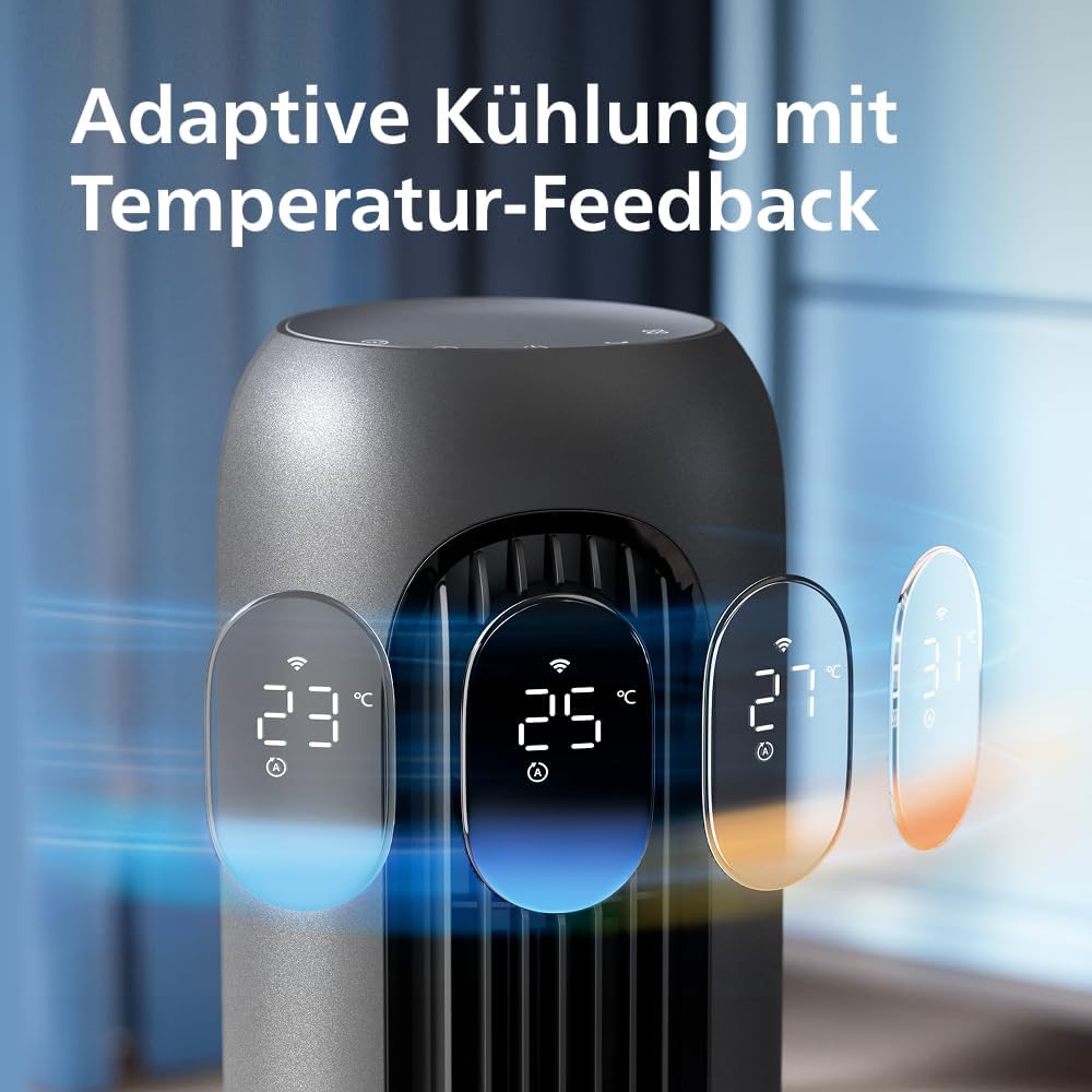 Philips Smarter Turmventilator 7000 Series – 8,4 m/s stark, ultraleise 22 dB, energieeffizient, App & Fernbedienung, Wlan, 12 Stufen, Schlafmodus, Temp‑Anzeige, 12‑h Timer, 80° Oszillation (CX7550/01)