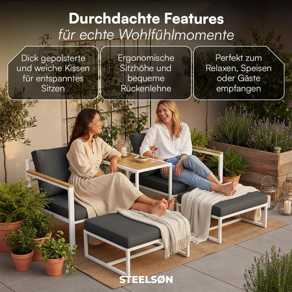 STEELSØN Gartenmöbel Set 5-TLG Asteri, Gartenlounge für 2-4 Personen, Balkonmöbel Set wetterfest inkl. 2 Sessel, 2 Hocker und 1 Tisch, Terrassenmöbel aus Metall mit Kissen Weiß