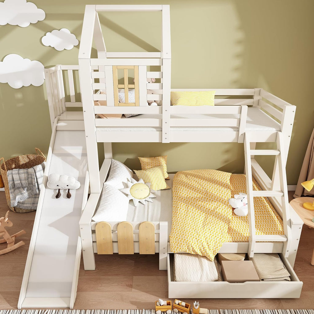 Kinderbett Etagenbett 90x200 & 140x200 cm mit Leiter & Rutsche, Hochbett Hausbett mit Bücherregal & Stauraum Schubladen, Bett Bettgestell mit Lattenrost & Rausfallschutz, Ohne Matratze, Weiß