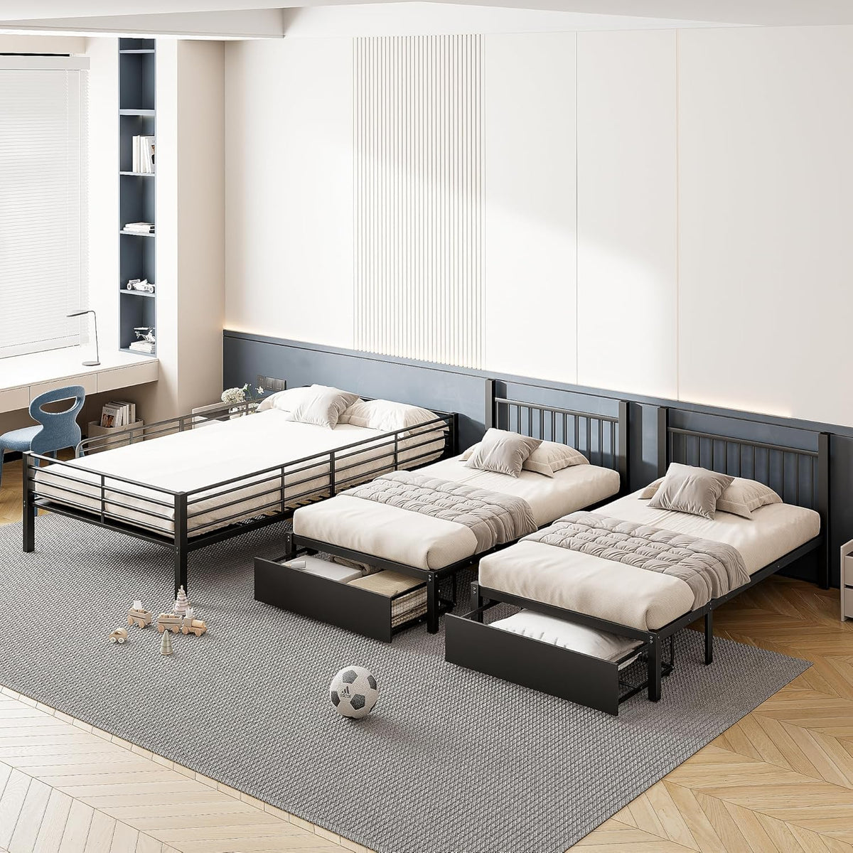 Dreifaches Etagenbett mit Schubladen, Metallbettrahmen, umwandelbar in 140 x 200 Doppelbett und Zwei 90 x 200 Einzelbetten, multifunktionales Metallrahmenbett, Schwarz
