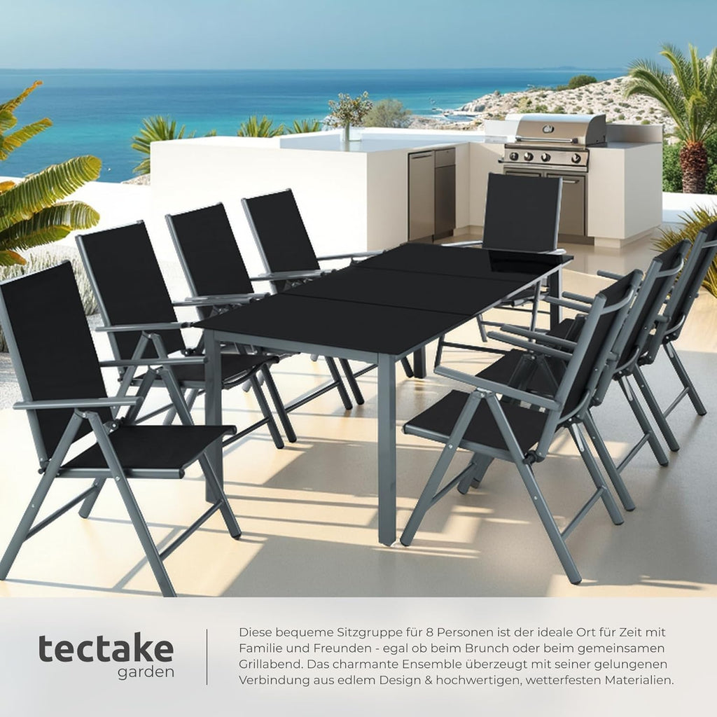 tectake® Aluminium Sitzgruppe 8+1, Gartenmöbel Set mit Stuhl und Tisch, klappbare Gartenstühle, Gartentisch mit Sicherheitsglas, wetterfeste Terrassenmöbel, für Garten Terrasse Balkon - anthrazit