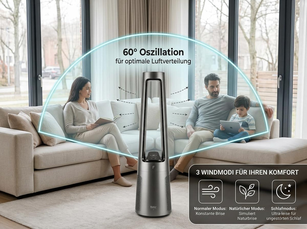 Fakir TVL 100 Flügelloser Turmventilator - DC-Motor, 12 Lüfterstufen, 30 dB(A), 60° Oszillation, 12h Timer, LED Touch Display, Fernbedienung, Anthrazit