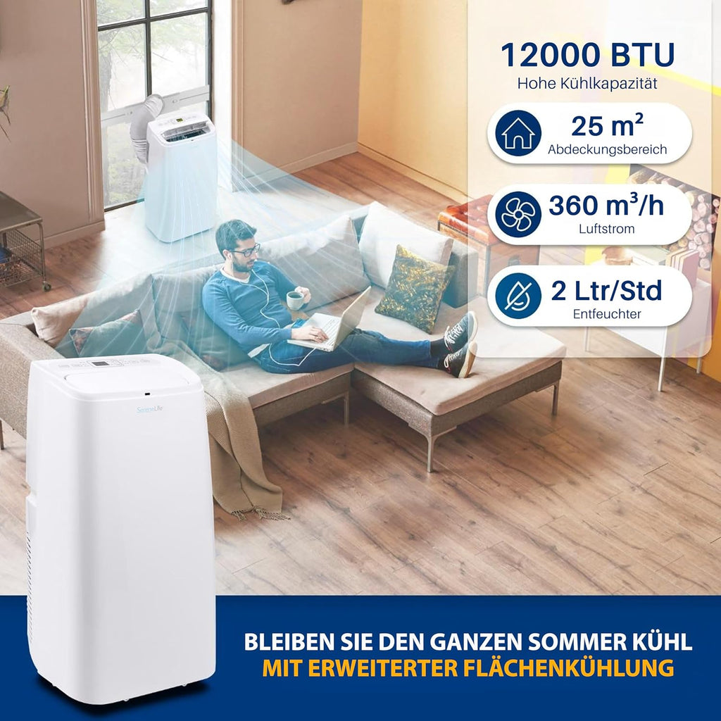 SereneLife Mini Klimaanlage mobil, 3-in-1 mobiles Klimagerät mit Abluftschlauch – Luftkühler, Luftentfeuchter & Ventilator, Air conditioner – 9.000 BTU, 1,5L Feuchtigkeit/Stunde, kühlt Räume bis 42 m2