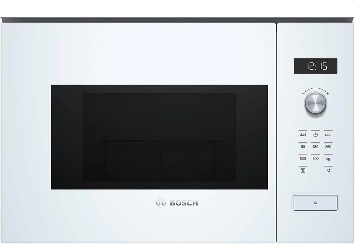 Bosch BFL524MW0 Serie 6 Einbau-Mikrowelle, 38 x 60 cm, 800 W, Drehteller 25,5 cm, Türanschlag Links, AutoPilot 7 7 Automatikprogramme, Reinigungsunterstützung, LED-Touchdisplay, Weiß