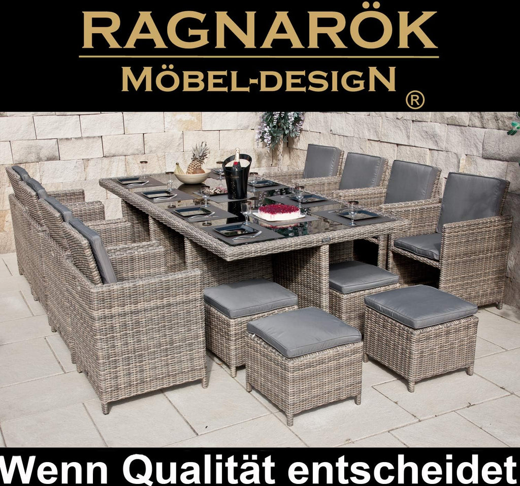 PolyRattan - Deutscher Hersteller - 10 Jahre GARANTIE auf UV-Beständigkeit - Gartenmöbel Essgruppe Tisch 8 Stuhl Hocker Polster Rostfrei Aluminium Dining Lounge Naturfarben Grau Schwarz