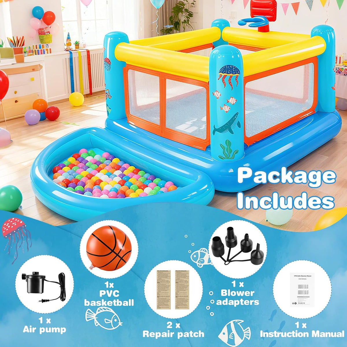 Aufblasbare Hüpfburg für Kinder von 3–6 Jahren, kleines PVC-Hüpfburg-Spielhaus mit Hüpfkissen, herausnehmbarem Bällebad, Basketballkorb und Hüpfspiel, inklusive Luftpumpe