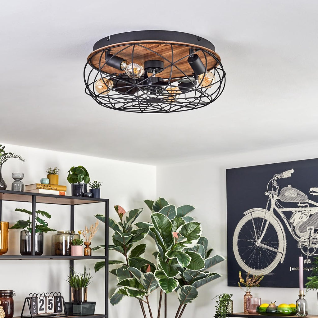 LED Deckenventilator Tourais, Ventilator aus Metall/MDF in Schwarz/Holzoptik, Deckenleuchte im Retro/Vintage-Design in Gitter-Optik, Lichteffekt u. Fernbedienung, Wohnzimmer, Schlafzimmer, Esszimmer