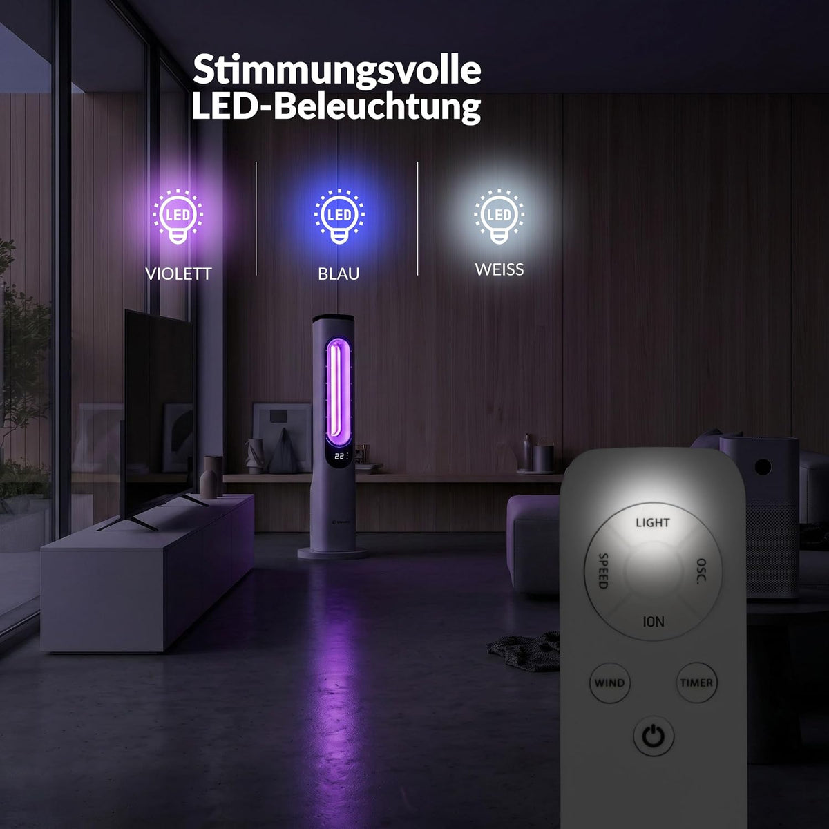 LEHMANN Turmventilator mit Fernbedienung & LED-Display, leiser Ventilator mit Schlafmodus, 15 h Timer, 3 Lichtfarben, 3 Modi, 3 Geschwindigkeiten, oszillierender Standventilator ohne Rotorblätter