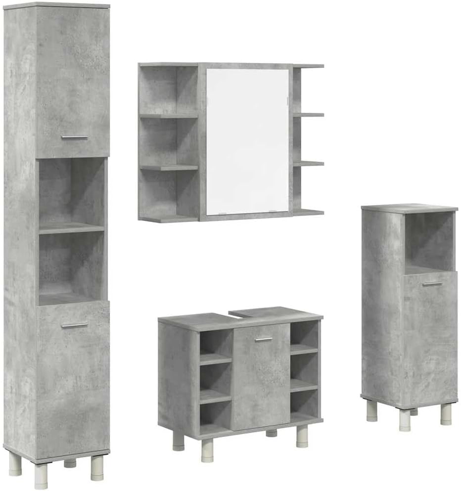 4-TLG. Badmöbel-Set Betongrau Holzwerkstoff,Badmöbelset, Badezimmerschrank, Unterschrank Bad, Badmöbel, Unterschrank Badezimme