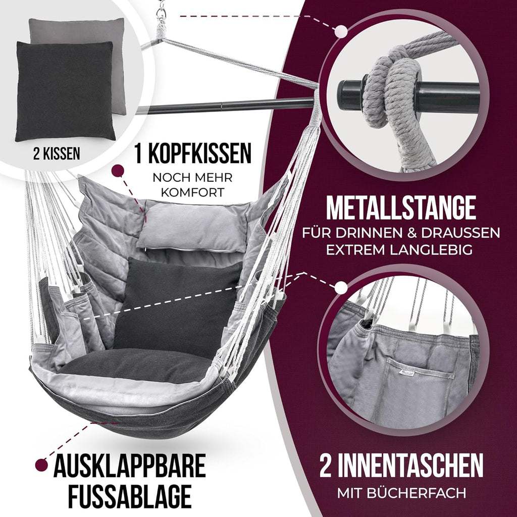 Hängesessel High-Class Outdoor & Indoor XXL [All Inclusive Paket mit Aufhängung + 3 Kissen] Kinder & Erwachsene bis 150 kg | Hängematte Wohn- Schlafzimmer, Garten Balkon Terrasse