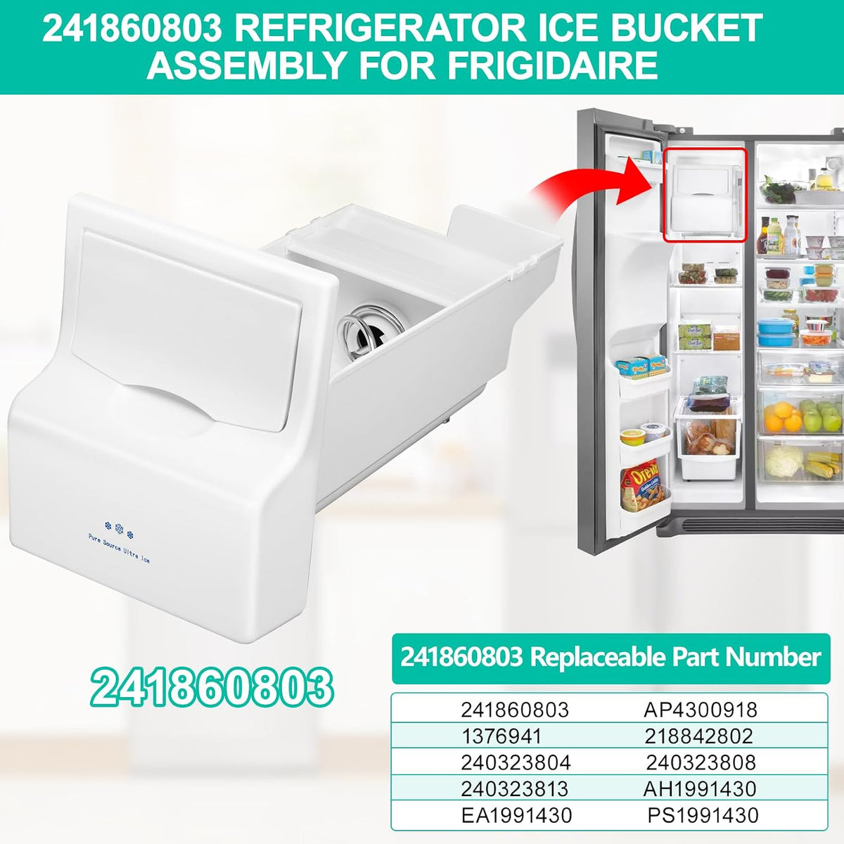 Upgraded 241860803 Kühlschrank-Eiskübel Montage Kompatibel mit Frigidaire Ice Maker Ersatz Eisbehälter Teile AP4300918 LFSS2612TF0 LFSS2612TE0 FFSS2615TS0 FFHS2611PFEA Eismaschine