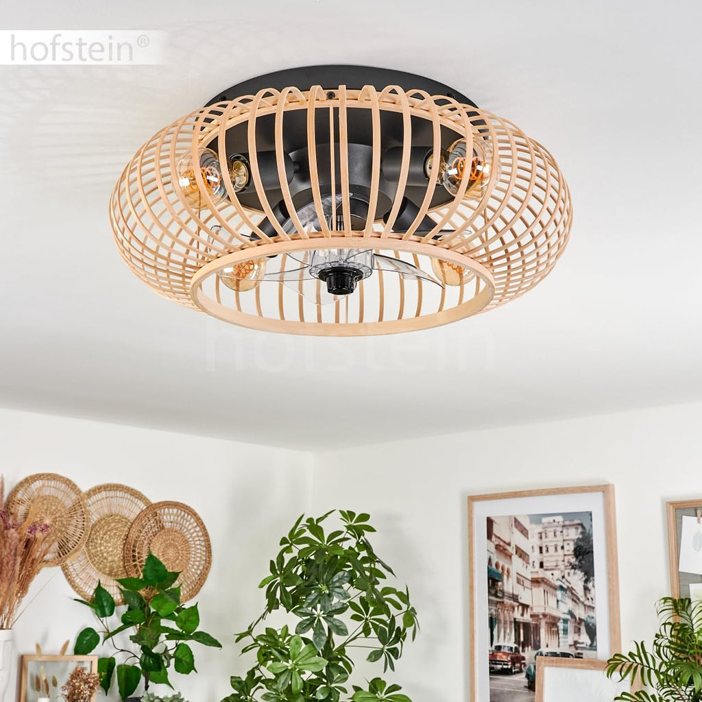 HOFSTEIN Deckenventilator Oravi, Ventilator aus Metall/Bambus in Schwarz/Natur mit Fernbedienung, Auf-/Abwind-Funktion u. Lichteffekt an der Decke, Deckenleuchte 4-flammig Ø 50 cm, 4 x E27, mit Timer