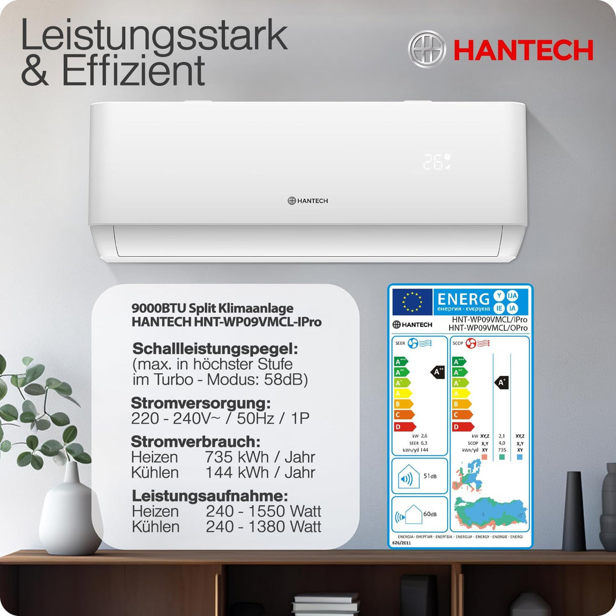 HANTECH Multisplit Klimaanlage 18000 BTU H-PRO mit 2x9000 BTU Inneneinheit WIFI