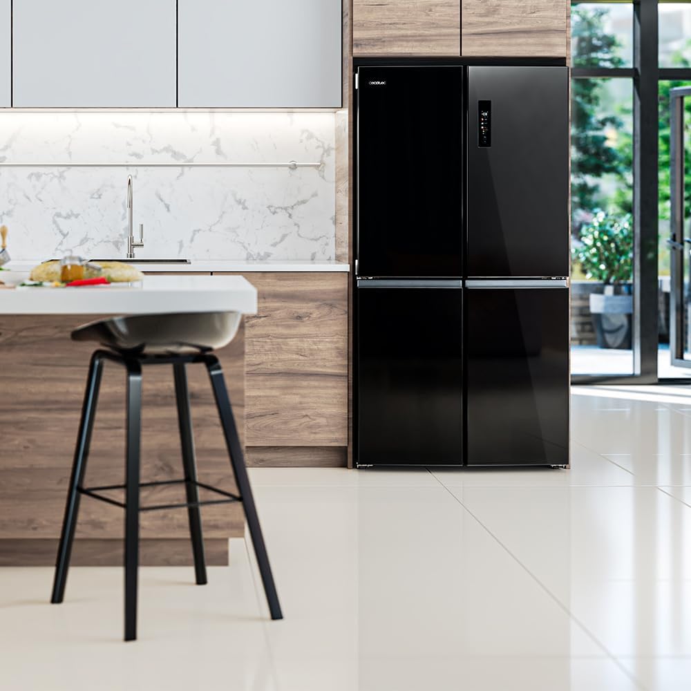 Cecotec Side-by-Side Kühl-Gefrierkombination 4 Türen Bolero CoolMarket 4D 601 Black Glass E. 601L, Inverter-Motor, 90cm, No Frost, ECO, Schnellkühlung, Display, Temperaturalarm, Elegantes Design, Glas