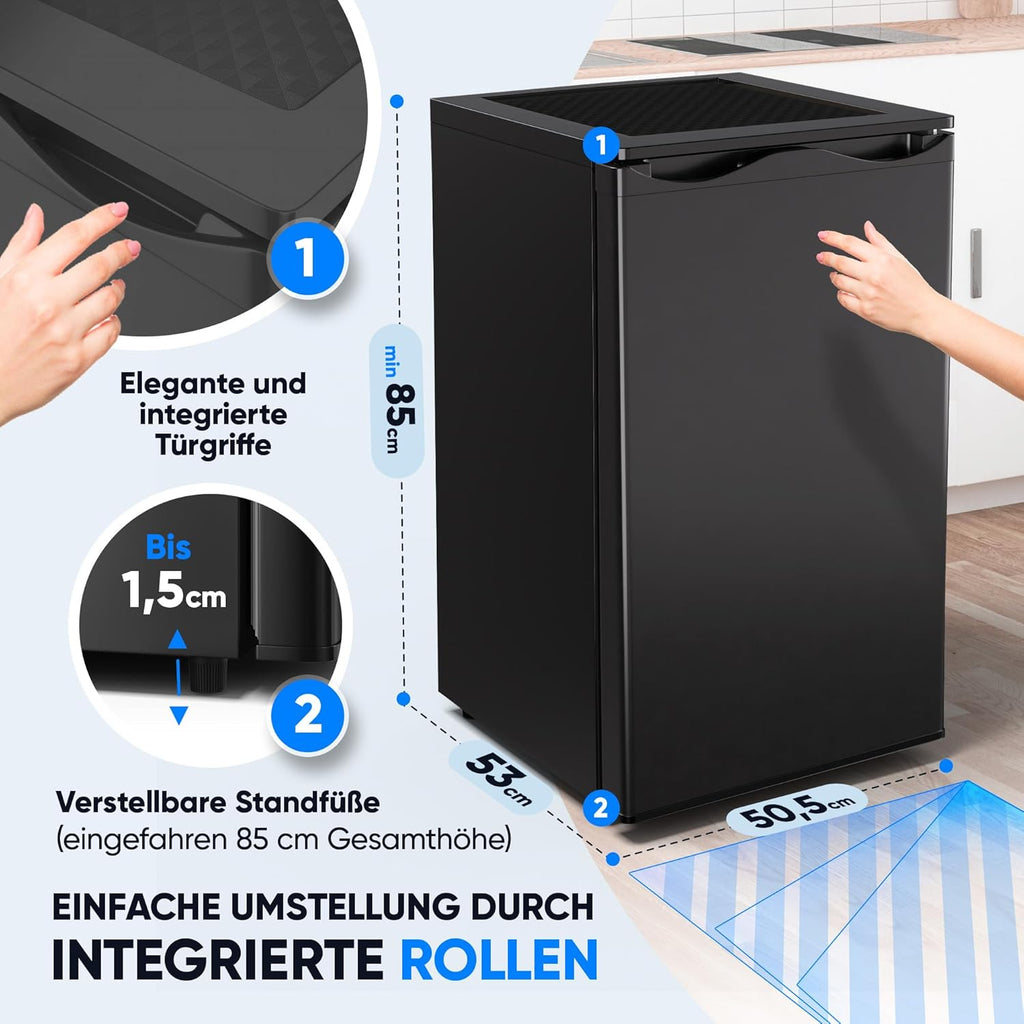 Stillstern Gefrierschrank C (73L) 4-Sterne-Gefrierfach -18°C ger. Energiever. Mini Freezer mit 3 Fächer, stufenlos reg. Temp., kleine Tiefkühltruhe, Türanschlag r./l. Tiefkühlschrank Klein Schwarz