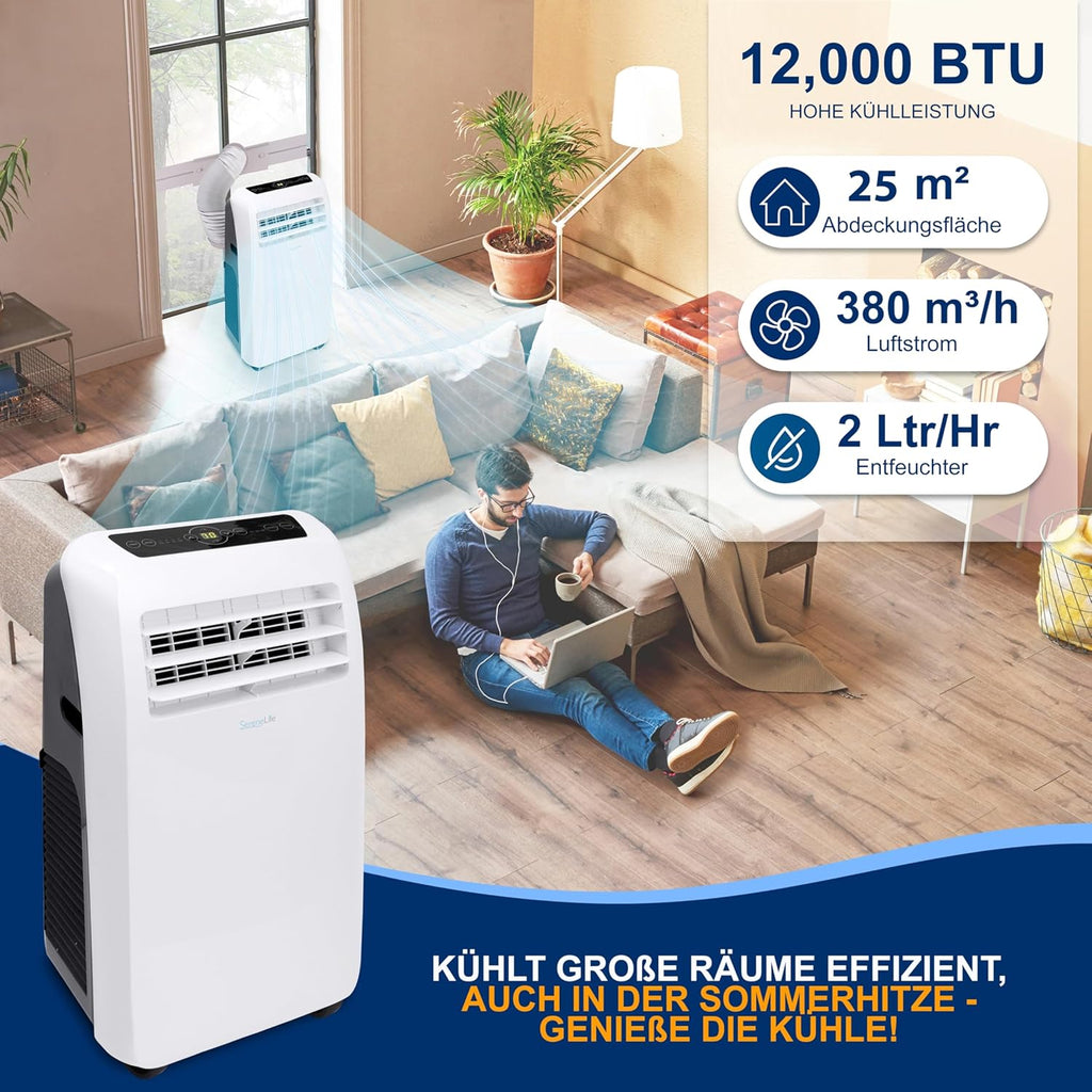 SereneLife Mini Klimaanlage mobil, 3-in-1 mobiles Klimagerät mit Abluftschlauch – Luftkühler, Luftentfeuchter & Ventilator, Air conditioner – 9.000 BTU, 1,5L Feuchtigkeit/Stunde, kühlt Räume bis 42 m2