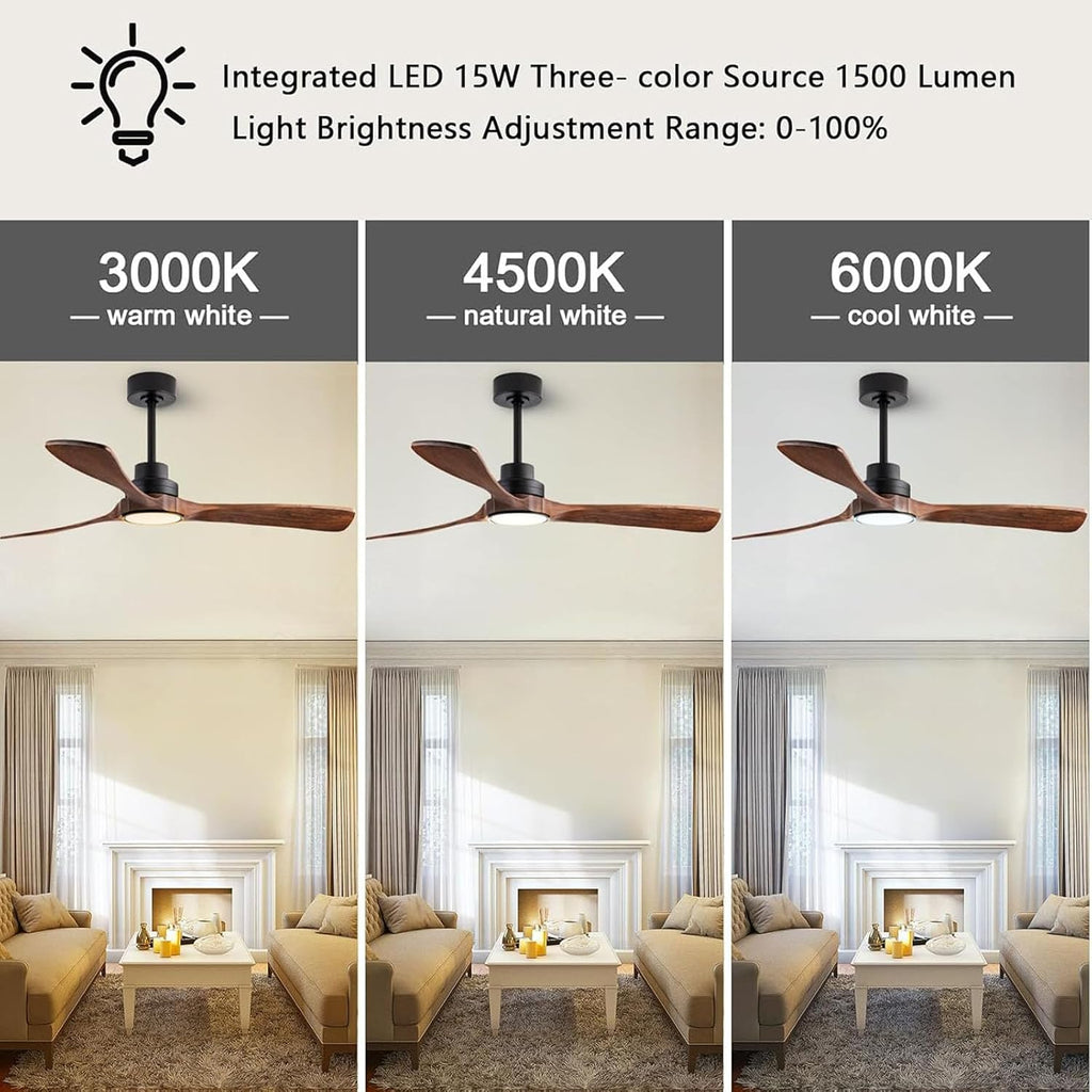 106cm Deckenventilator mit Beleuchtung und Fernbedienung, 3 Holz Flügeln, 18W LED-Licht mit Dimmfunktion (3000K, 4500K, 6500K) Leise DC Motor, 6 Geschwindigkeiten, Timer, Für Schlafzimmer Wohnzimmer