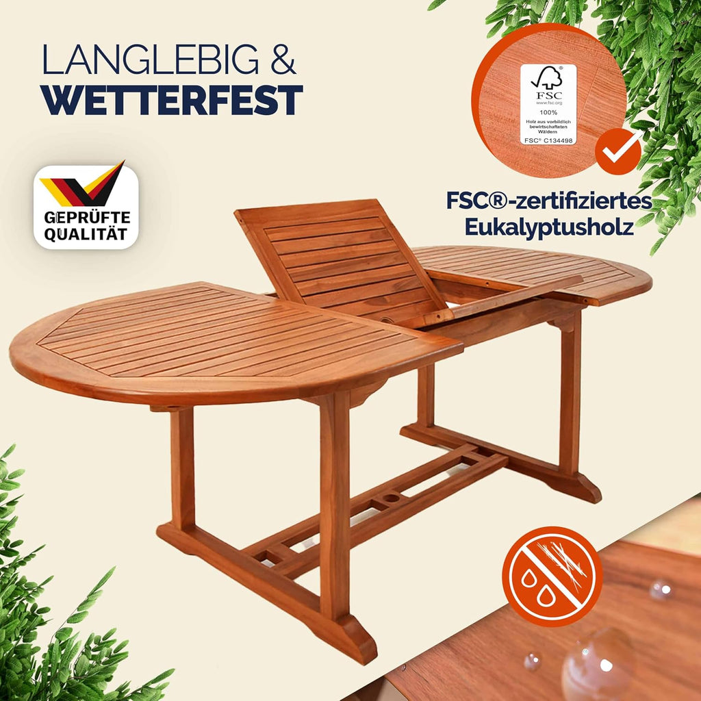 Casaria® Gartentisch Wetterfest FSC®-Zertifiziert Holz 200x100cm 160kg Belastbarkeit Schirmständer Balkon Garten Terrasse Tisch Klapptisch Balkontisch Eukalyptus
