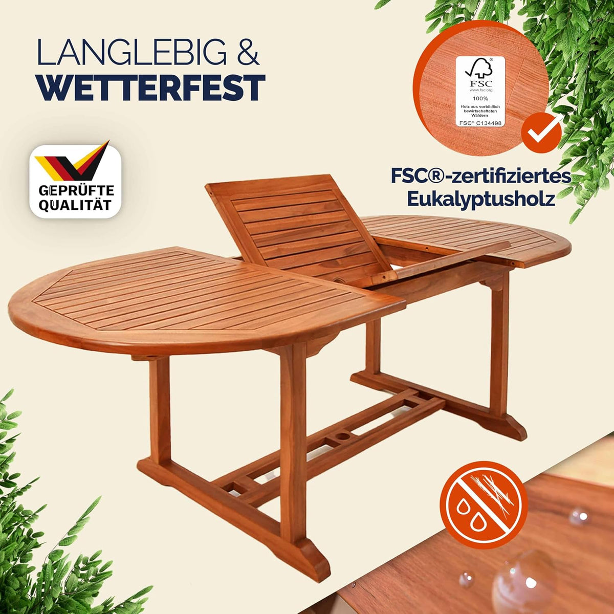 Casaria® Gartentisch Wetterfest FSC®-Zertifiziert Holz 200x100cm 160kg Belastbarkeit Schirmständer Balkon Garten Terrasse Tisch Klapptisch Balkontisch Eukalyptus