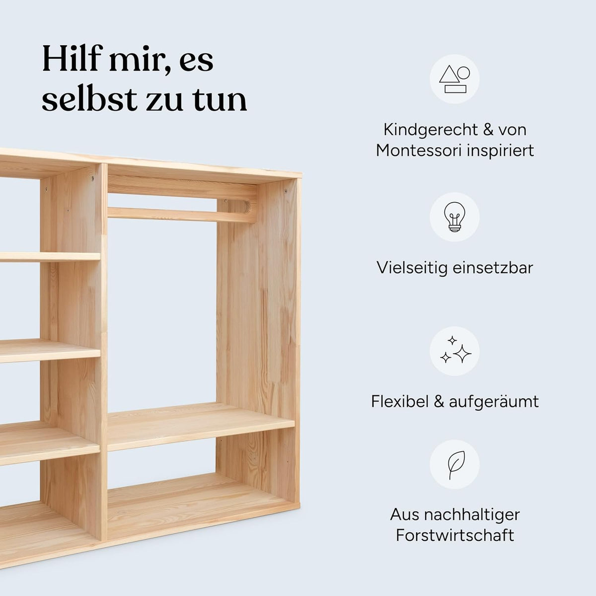 Ehrenkind® Montessori Kleiderschrank | Kinderregal Kiefer Natur | Kinderschrank FSC Zertifiziert | Garderobe für das Kinderzimmer in 100x100x40 | Kleiderschrank Kinderzimmer | Kinderzimmer Möbel