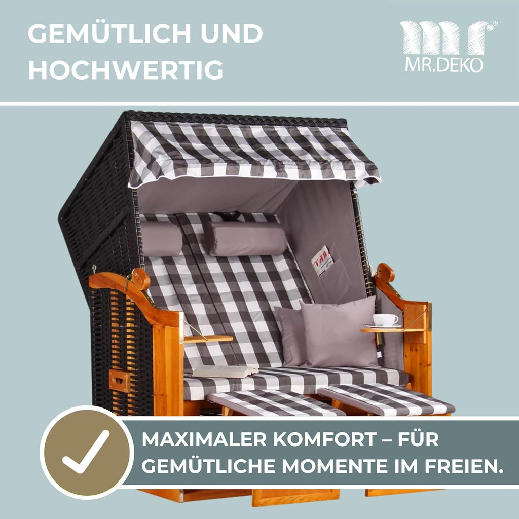 Strandkorb Ostsee Wacholder PE Schwarz | 2 Sitzer wetterfest | Volllieger Hartholz Zweisitzer | Roofed Wicker Beach Chair Garten | Strandkörbe Balkon | Strandstuhl (Dessin Grau Kariert)