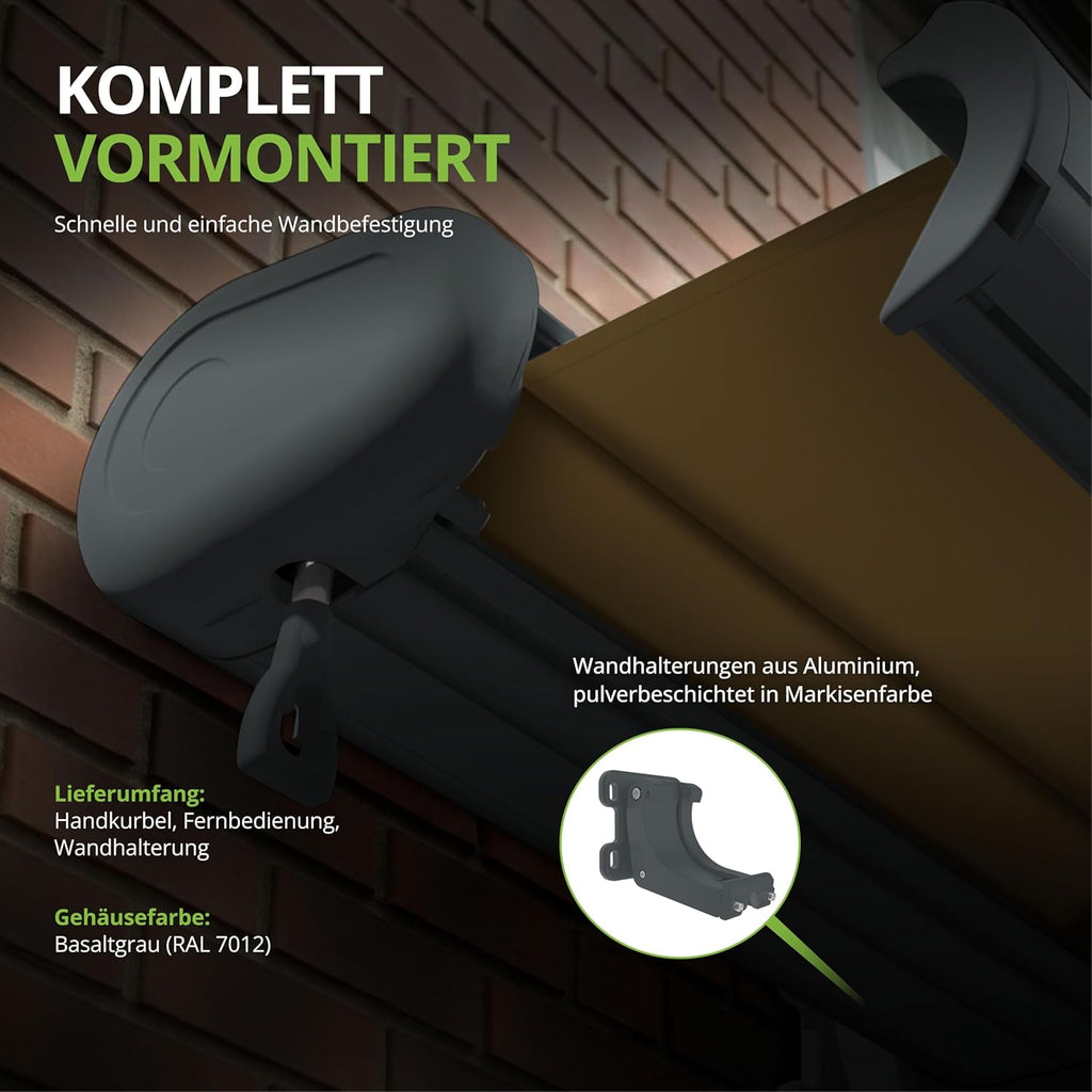 Eclipse Vollkassettenmarkise elektrisch 5,6x3,5 m basaltgraues Gehäuse Markise Balkon Terrassenüberdachung Gelenkarm Polyacryltuch UV-Schutz 50+ Smarthome-fähiger Dooya Motor, Markisentuch: Grau-Weiß