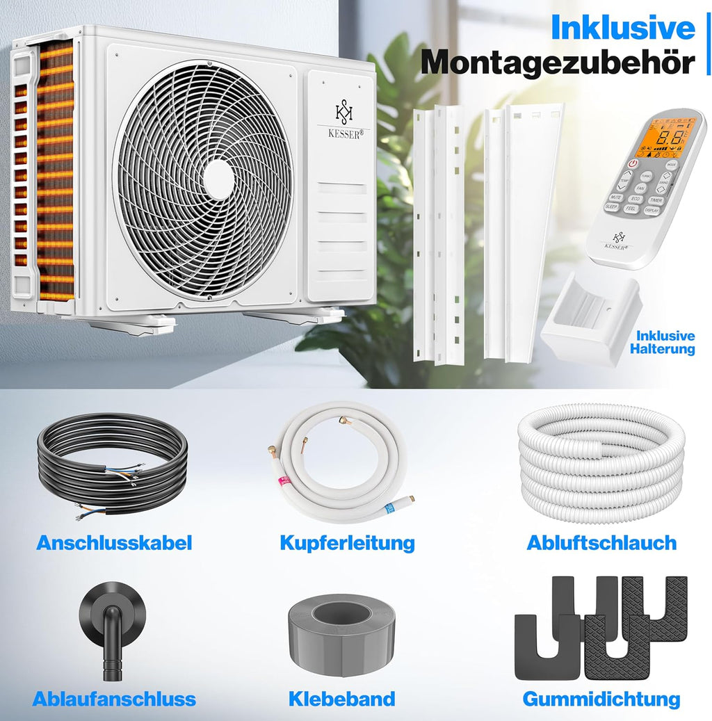 KESSER® Klimaanlage Set Split, WiFi/App Funktion Klimagerät, Kühlen A++/Heizen A+, 18000 BTU/h (5.300W) sehr leise, Kältemittel R32, Fernbedienung, Timerfunktion, Montagematerial, Weiß